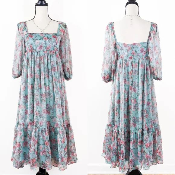🦋LAST🦋 NWT Storia Teal Floral Baby Doll Midi Dress - Picture 2 of 5